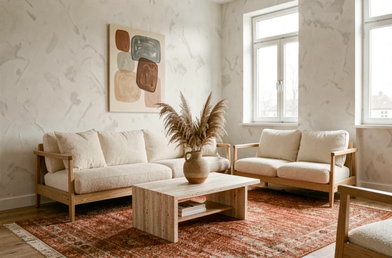 Salon scandinave minimaliste avec canapé en boucle crème, table basse en travertin et art mural abstrait pour une décoration intérieure tendance