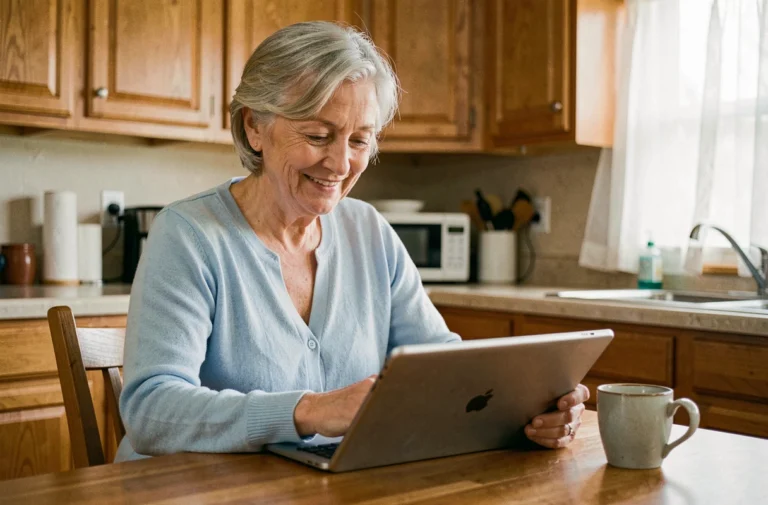 Senior femme souriant en utilisant une tablette numérique dans une cuisine confortable pour accéder à des services en ligne