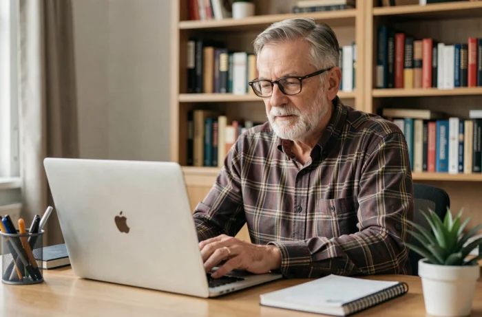 Homme senior en téléconsultation sur ordinateur portable depuis son bureau à domicile, illustrant les services numériques pour personnes âgées