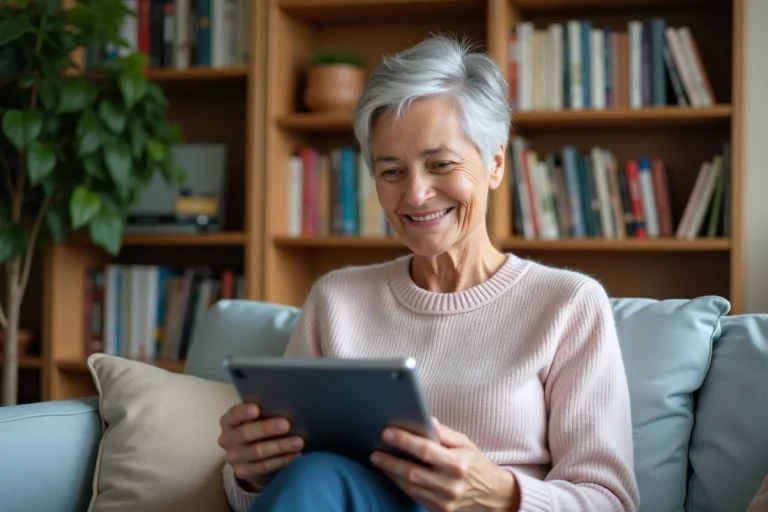 Seniore souriante lisant avec une tablette dans un salon chaleureux