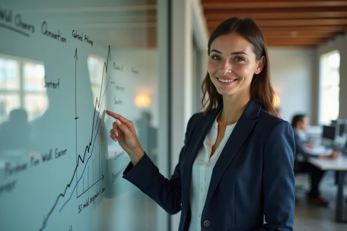 Femme d'affaires confiante présentant une stratégie d'entreprise devant un tableau blanc dans un bureau moderne