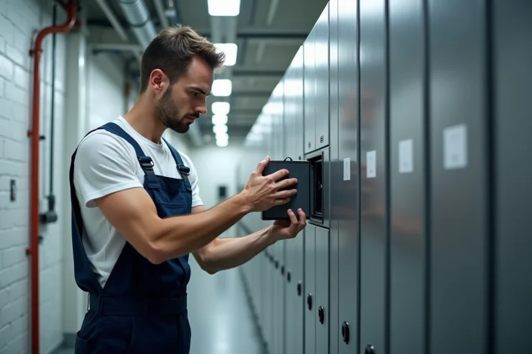 Technicien inspectant une batterie lithium en atelier moderne