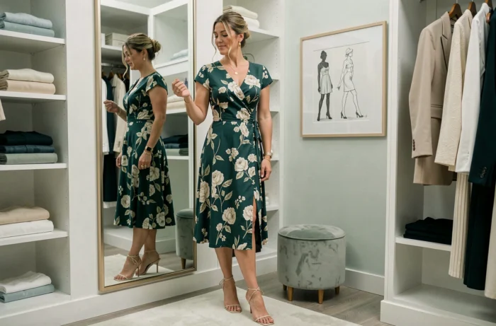 Femme s'admirant dans un miroir en essayant une robe tendance dans un dressing élégant, tendances mode féminine