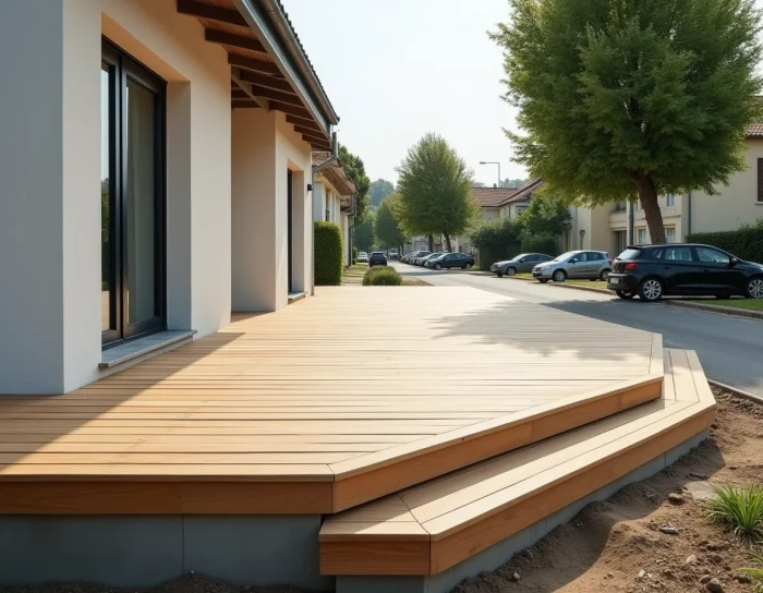 Terrasse neuve en bois composite et béton accolée à une maison pavillonnaire française vue en plongée légère