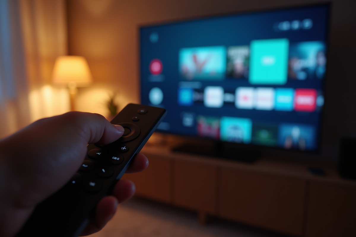 Main tenant une télécommande pointant vers un écran de streaming