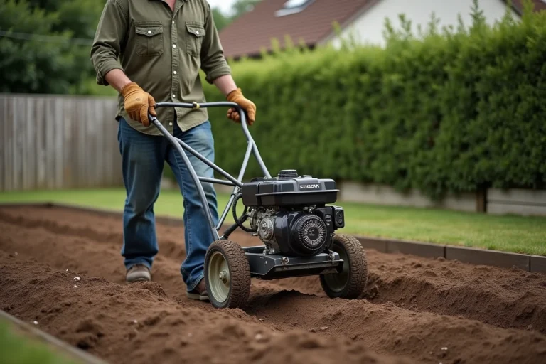 Homme utilisant une engazonneuse thermique pour semer du gazon sur un sol nu préparé dans un jardin résidentiel