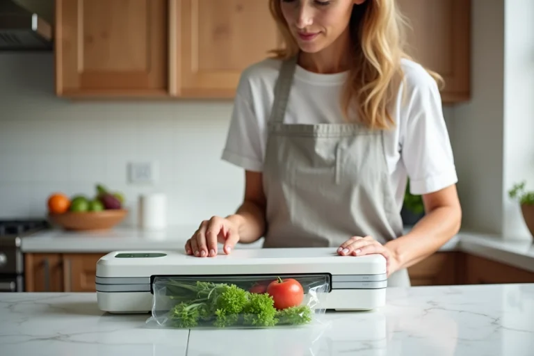 Femme utilisant un appareil FoodSaver V2860 pour mettre sous vide des légumes frais dans une cuisine moderne